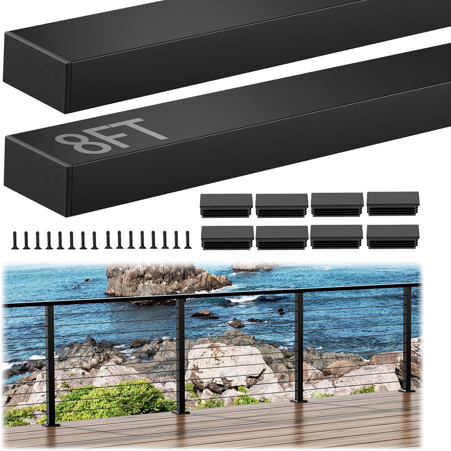 8FT Aluminum Black Handrail, 2 Pack Rectangular Flat Top Hand Rail Prefect for Coastal Projects, Deck Railing Top Rail Square Tube with 8 Nylon End Cap for Indoor Outdoor Stairs DIY Balustrade Handrail 8FT-2 Pack