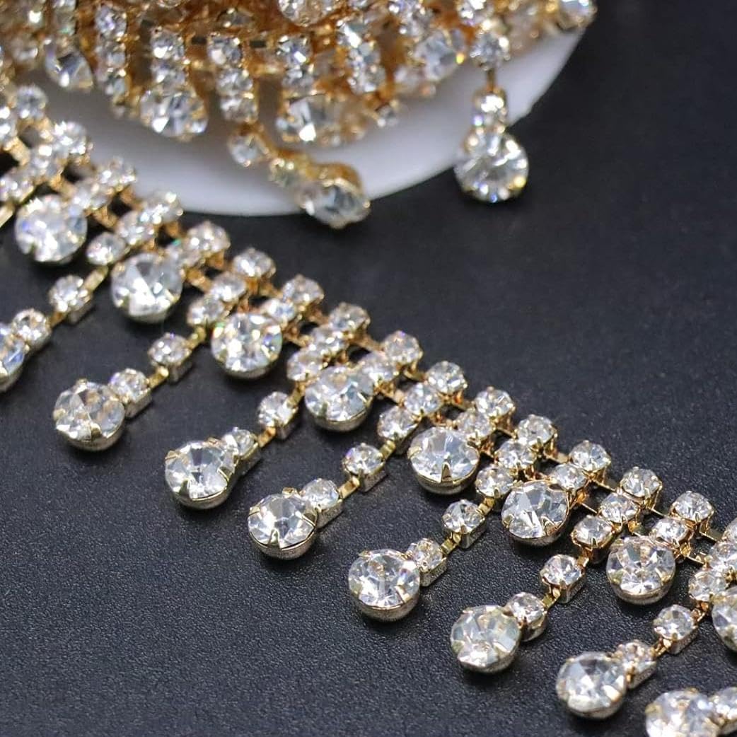 Jerler Gold Rhinestone Tassel Fringe Trim Crystal Close Chain Applique for Sewing Crafts Ideal Wedding Party Clothing DIY Decoration, 2 Yards 0.87" W