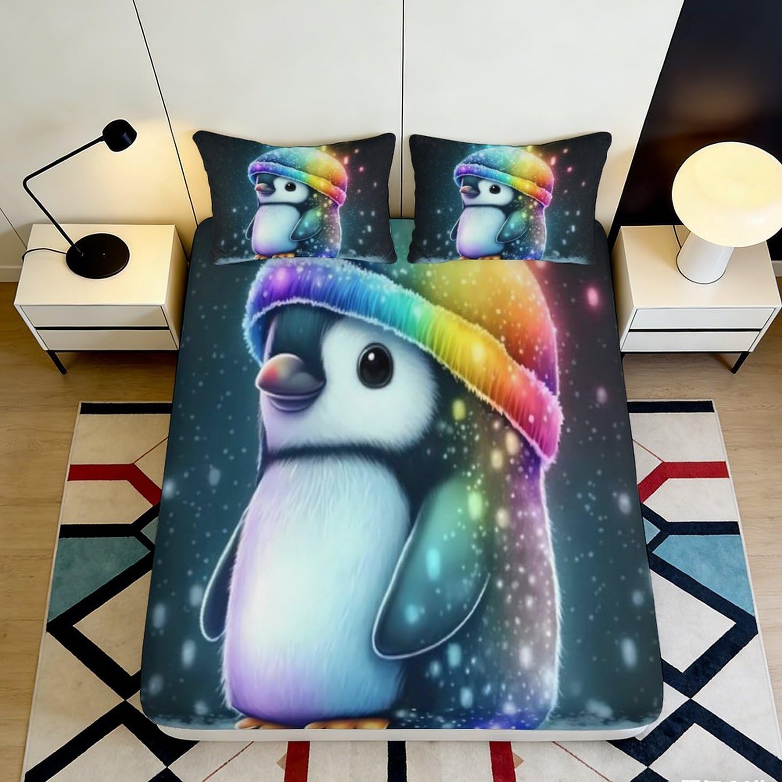 Tjiqhvmrn Style-1 3D Printed Rainbow Penguin Fitted Sheet Microfiber Deep Pocket Non-Slip Bedroom Bedding Rainbow Penguin Mattress Fitted Cover For Adults Teens 90X200x25cm