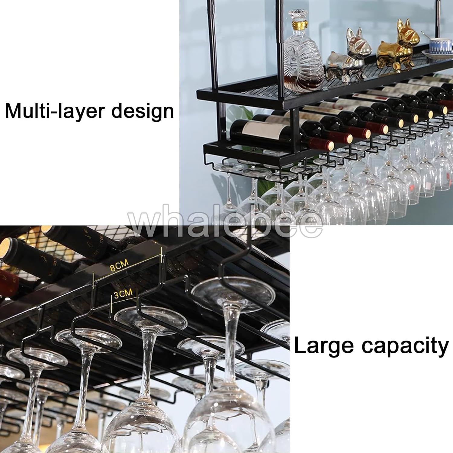 Wine Rack Wine Shelf Ceiling Wine Holder Storage Rack L 24”-79” Glass Drying Rack Hanging Adjustable Neatly Arranged Metal Racks Black Bronze