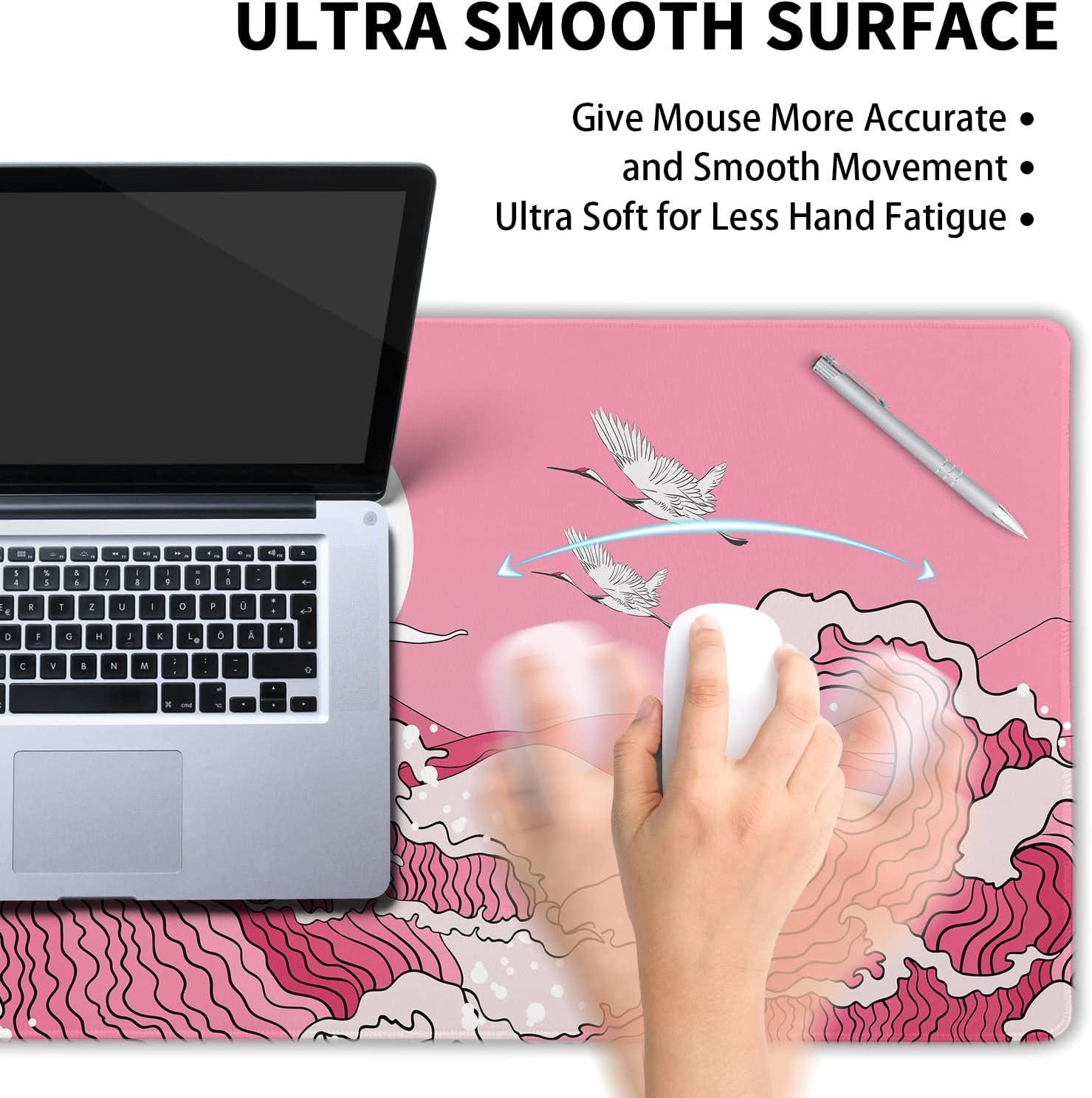 Japanese Pink Wave Gaming Mouse Pad 35.4 X 15.7 Inch XXL Cool Style Art Design Full Des Mousepad Extended Large Non-Slip Rubber Base Keyboard Mat with Stitched Edges for Home Office