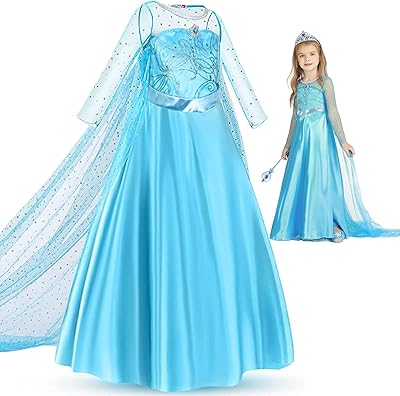 Baufuuya Princess Elsa Dress for Girls, Elsa Cstume for Toddler Birthday Party Dress Up with Accessories Crown