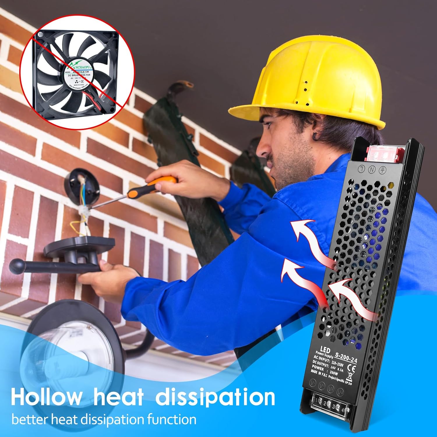 Image illustrating the hollow heat dissipation design of the power supply, showing airflow and absence of a cooling fan.