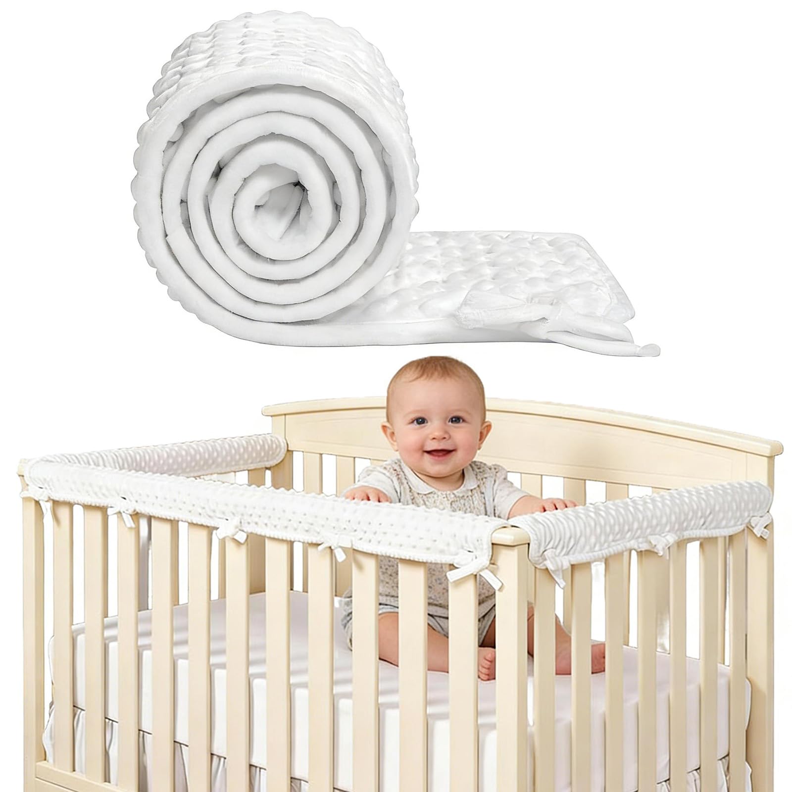 Yunlaishaocer 3-TLG. Baby Bettkantenschutz – Bed Rail Cover 128x18cm & 68x18cm, Kinderbett Kantenschutz für Seiten- und Vorderschiene, Schutzhülle für Babybett, Weich & Sicher, Weiß Baby