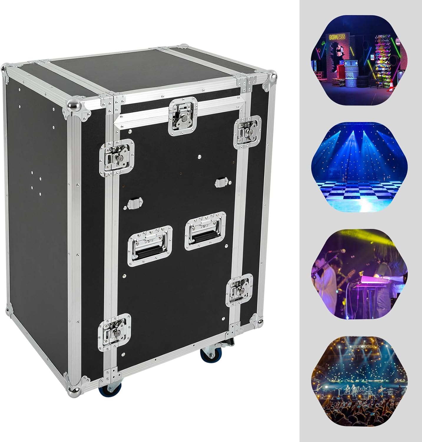 14U Pa Dj Rack Case with 2 DJ Table Tops, DJ Rack/Road Case Slant Mixer Top Rack, DJ Work Table and Casters, Heavy Duty Mobile Studio Equipment Cabinet for Dj/Pro Audio/Network Gear Storage