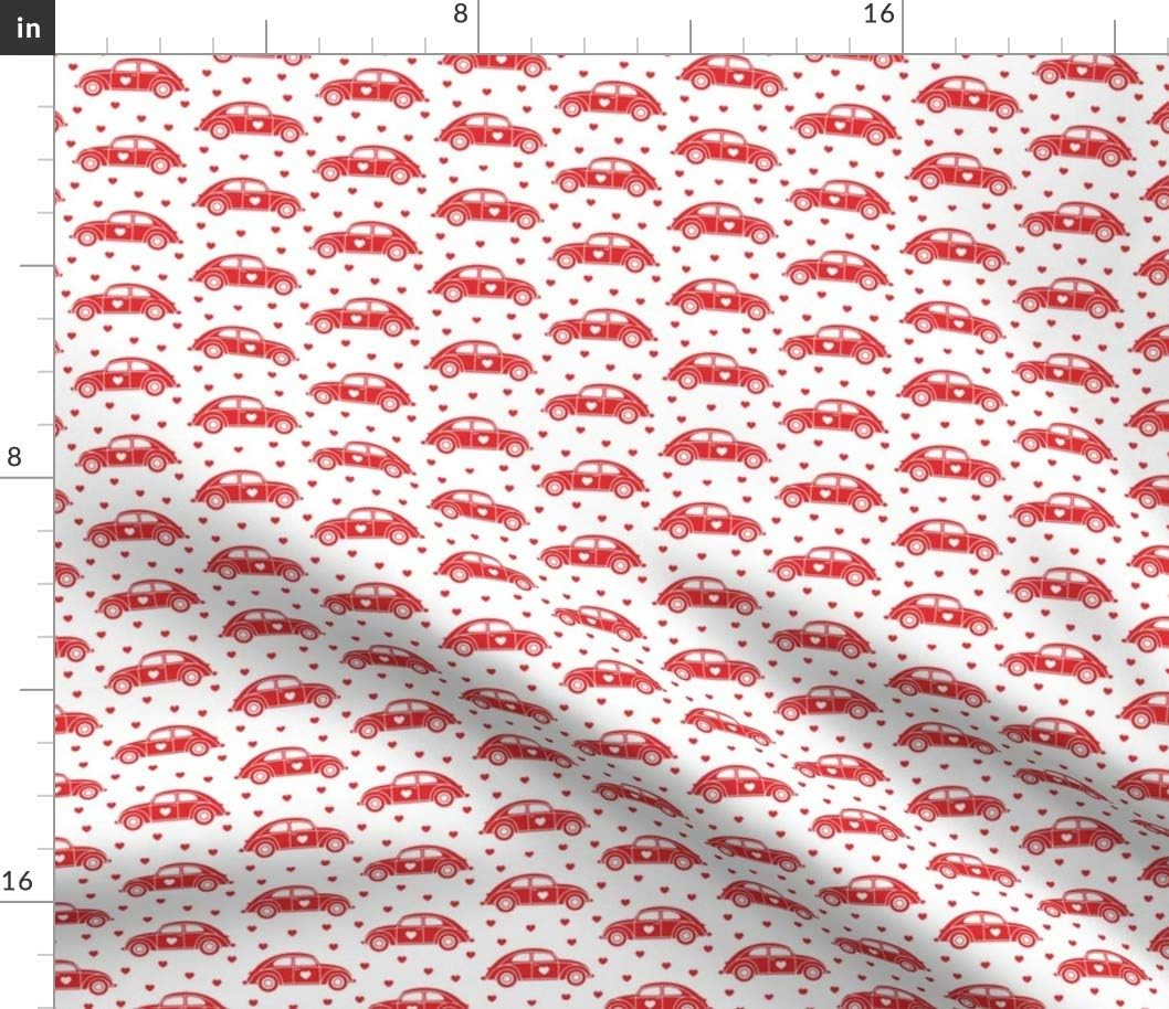 Spoonflower Fabric - Love Bug Red Cute Valentines Day Cars Hearts Trendy Sweet Car Beetle Printed on Petal Signature Cotton Fabric by The Yard - Sewing Quilting Apparel Crafts Decor