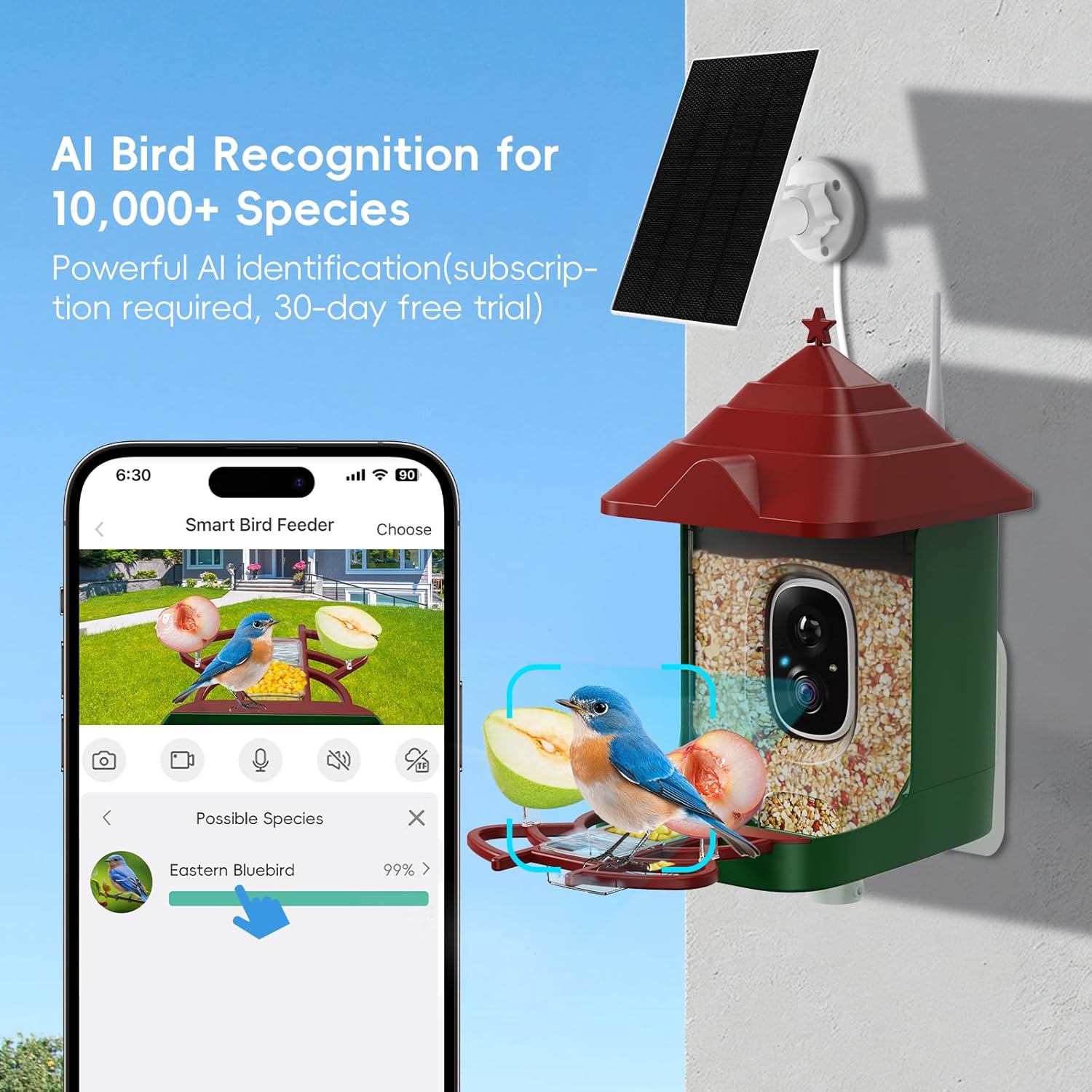 Smart Bird Feeder with Camera, Solar Panel & 5200mAh Battery, 4K HD Video, AI Identification, Instant Arrival Alerts & Alarm, IP65 Weatherproof, 32GB Card, 2L Capacity, for Bird Lover (Red Green)