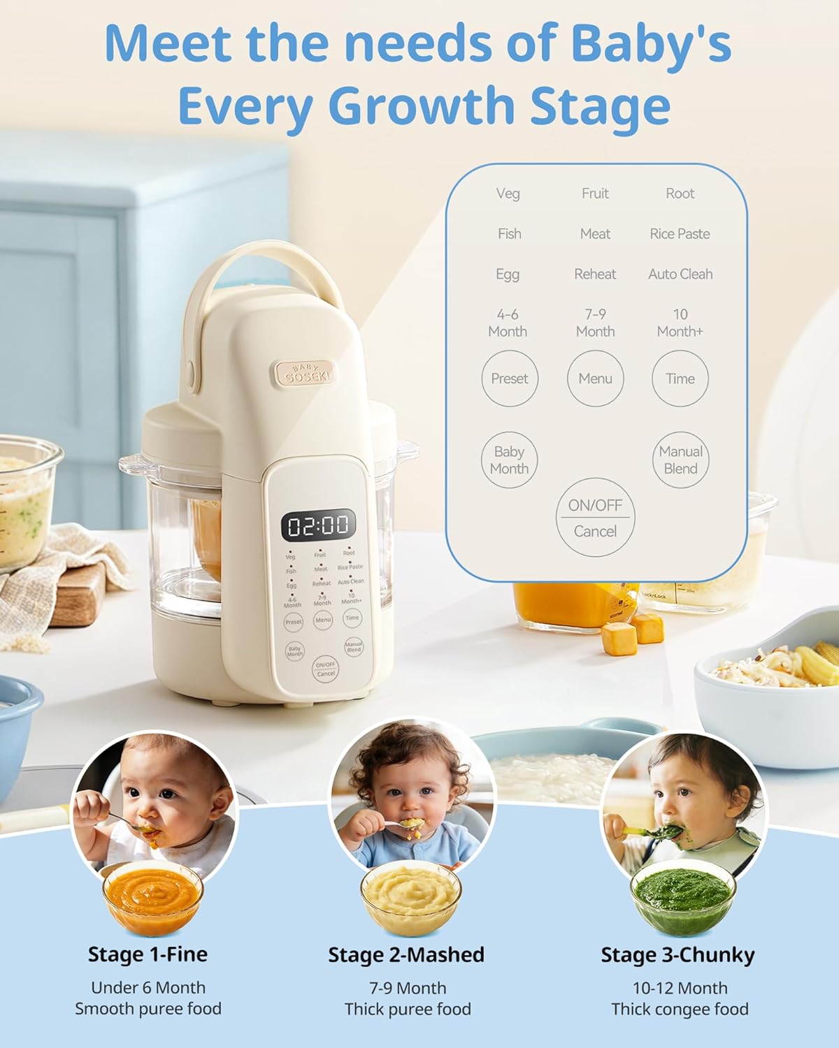 SosekiBaby FM01 Baby Food Maker, 316L Stainless Steel Blades | Baby Puree Steamer Blender Processor With 10oz Glass Bowl | One-Step Food Mill, 12H Keep Warm, Auto Clean, Reheat | BPA-Free