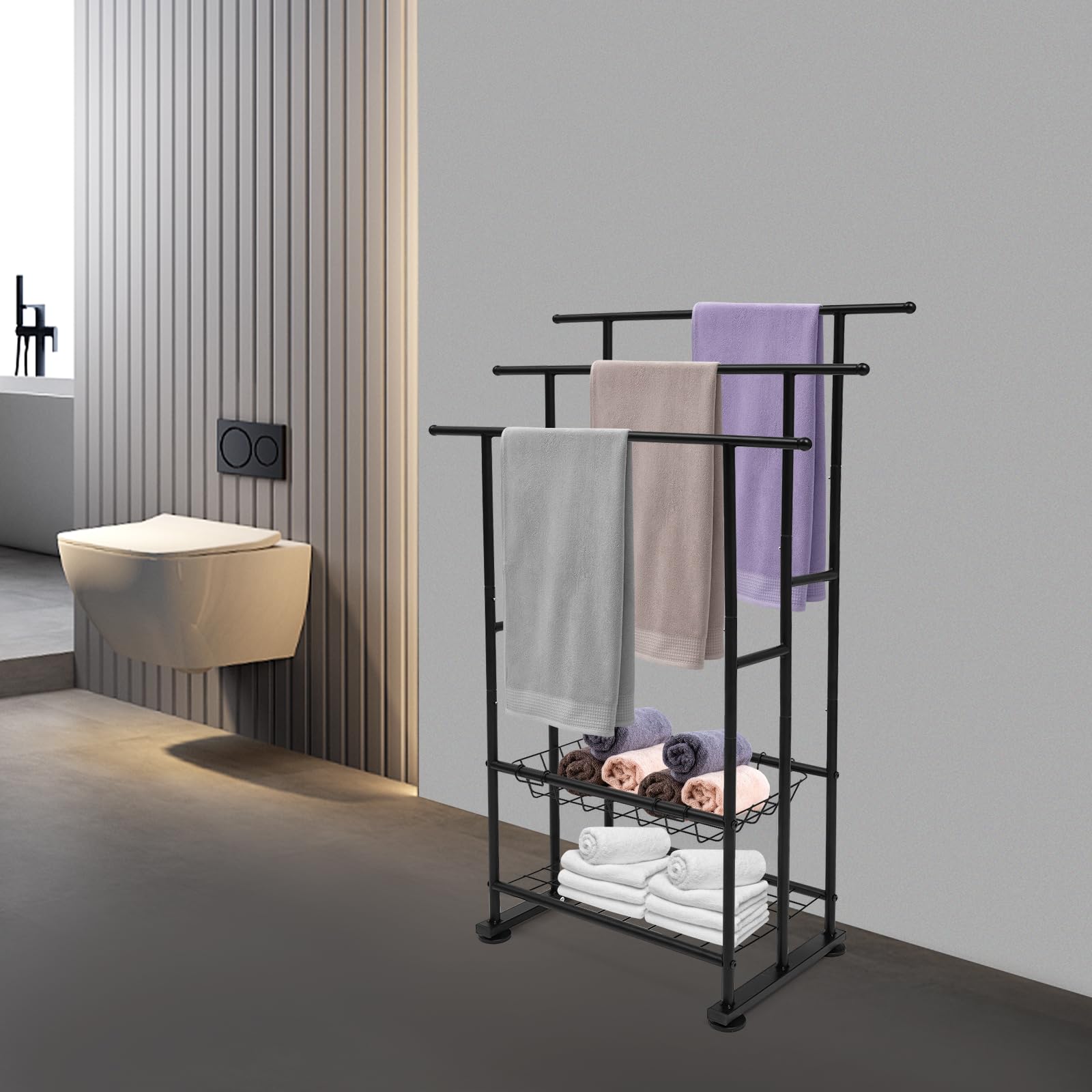 Porte-serviettes debout noir avec 3 porte-serviettes et 2 étagères en fer pour chambre à coucher, salle de bain, salon