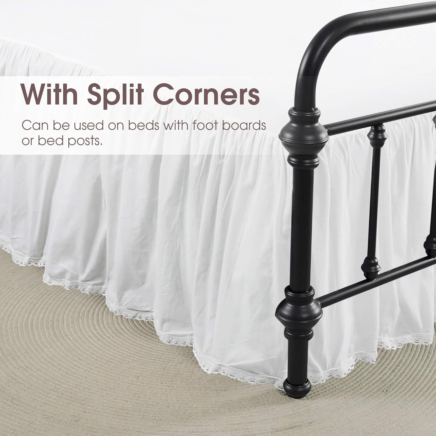 Full Size 14 inch Drop White Dust Ruffle, 100% Lightweight Cotton Ruffled Bed Skirt, French Coutry Style, Lace Ruffled Bed Skirt with Split Corners, Machine Washable