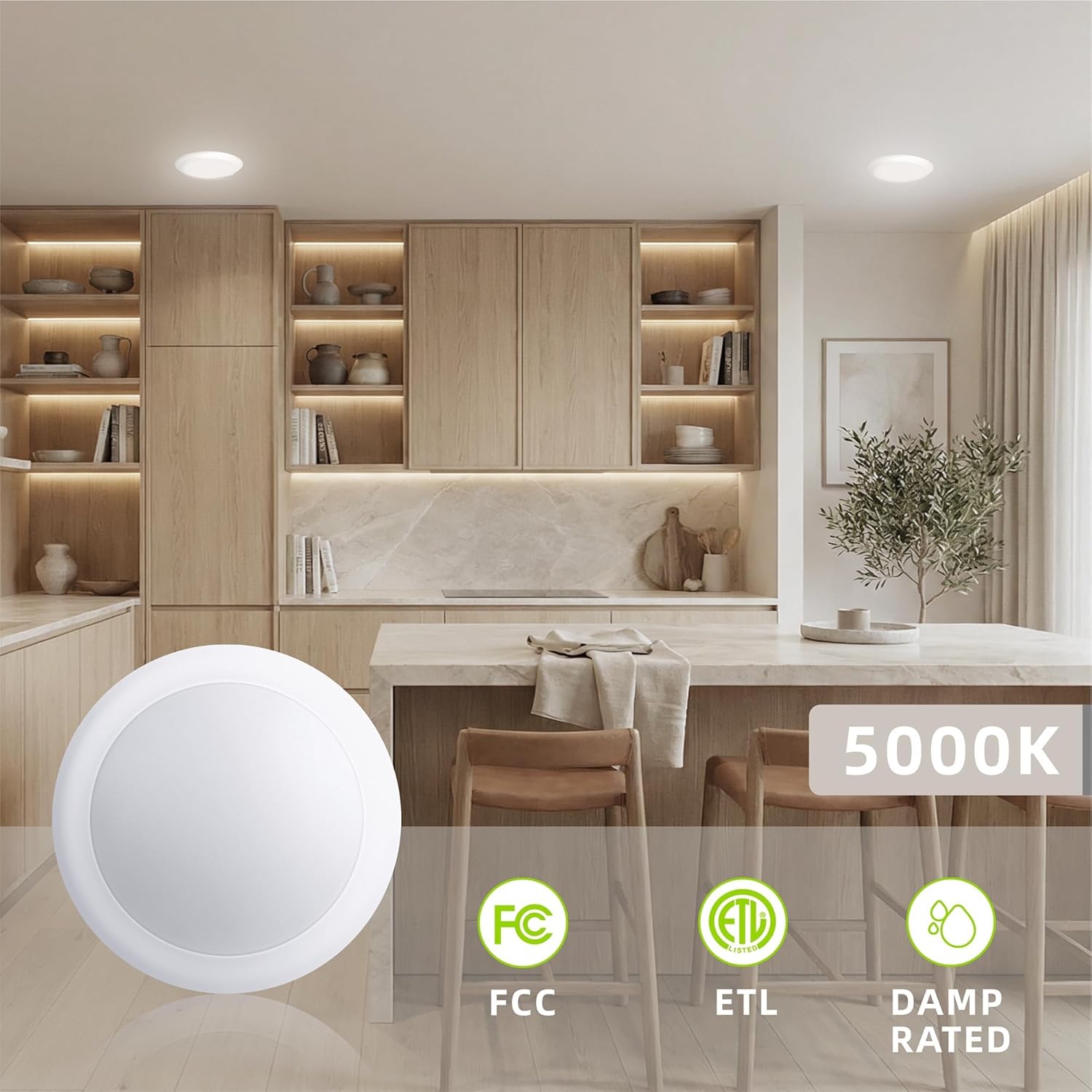 6 Inch LED Disk Light, Modern Dimmable Recessed Ceiling Lights, 5000K Daylight, 16.5W Eqv 110W, Damp Rated for Kitchen, Bathroom, Bedroom, ETL & FCC Listed, 6 Pack