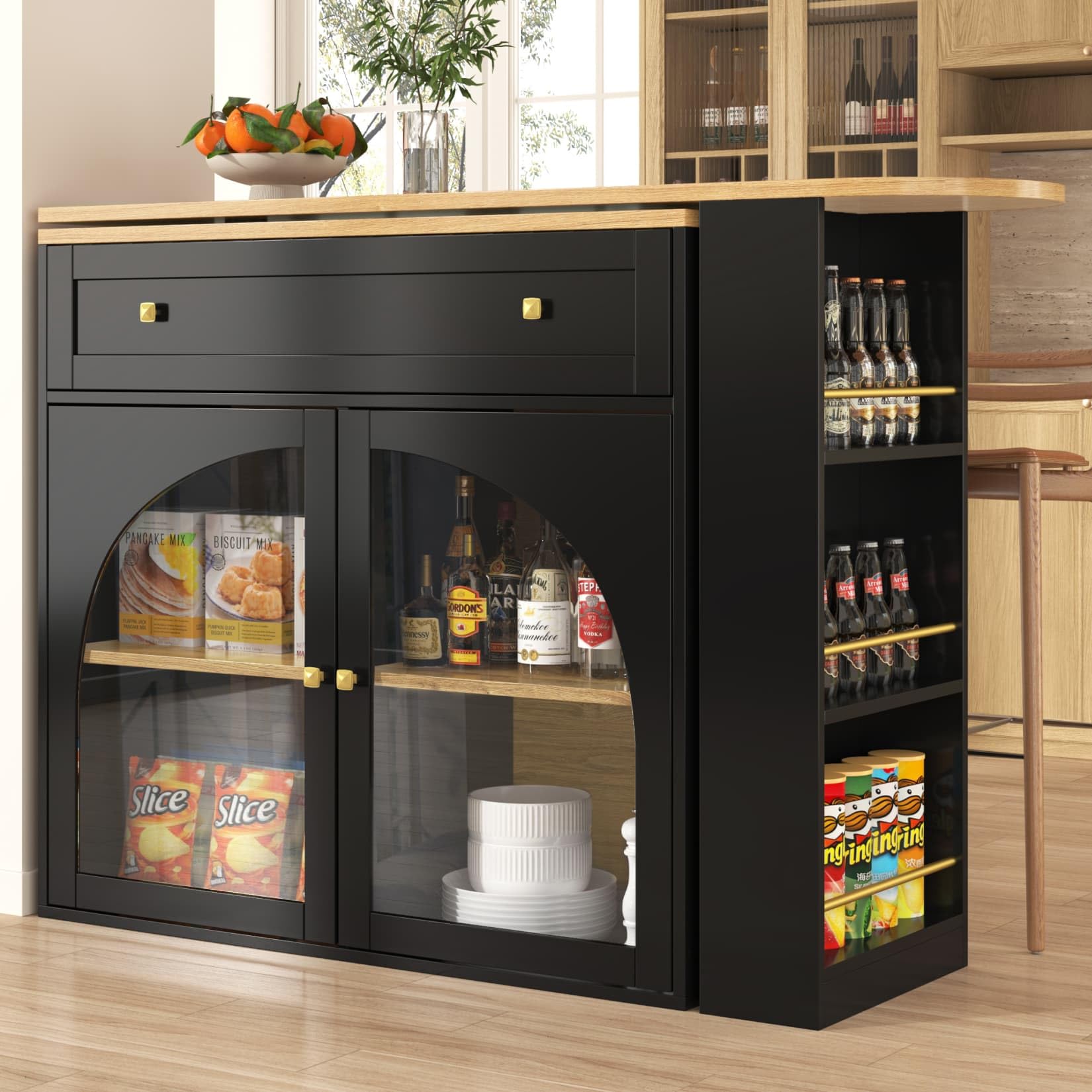 PUGSDRLY Table de Bar Extensible avec Espace de Rangement,Table Bar Cuisine Pivotant à 360°,2 Porte en Verre et 1 Tiroir,Compartiment Ouvert,Comptoir de Cuisine (D, Noir)