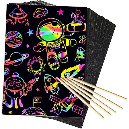 AxPower 50 Piece Rainbow Scratch Paper Art Set Magic Black Scratch Paper Scratch it Off Art Crafts Notes Sheets Cards with 5 Wooden Styluses for Easter Party Game Christmas Birthday Gift
