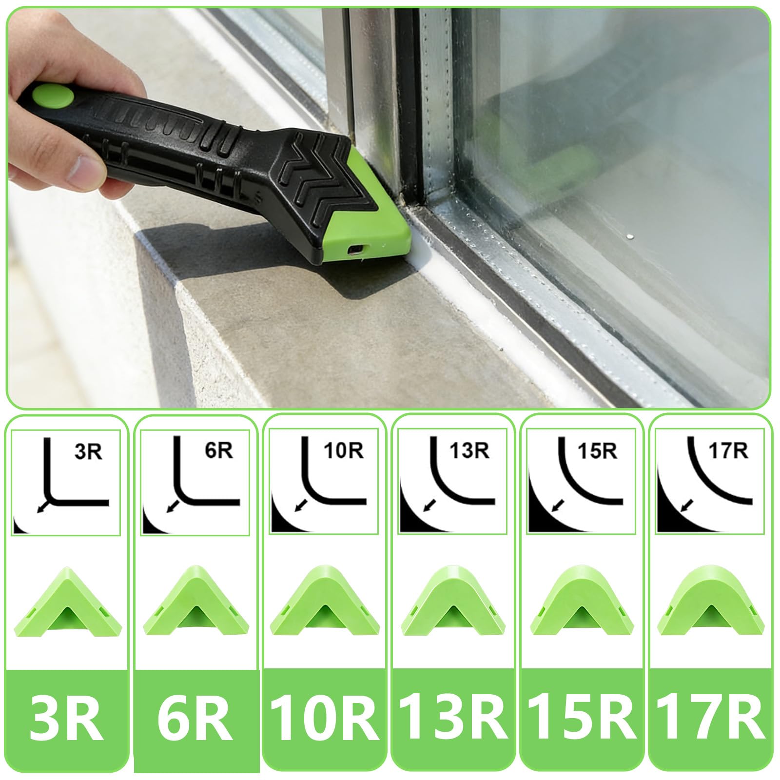 5-in-1 Strumento Per Calafataggio, BBLTIFF Rimuovi Silicone Spatola per Silicone Togli e Spatola Raschietto per Stucco Strumento Con 6 Cuscinetti Sostituibili Sigillante, per Cucine, Bagni e Finestre