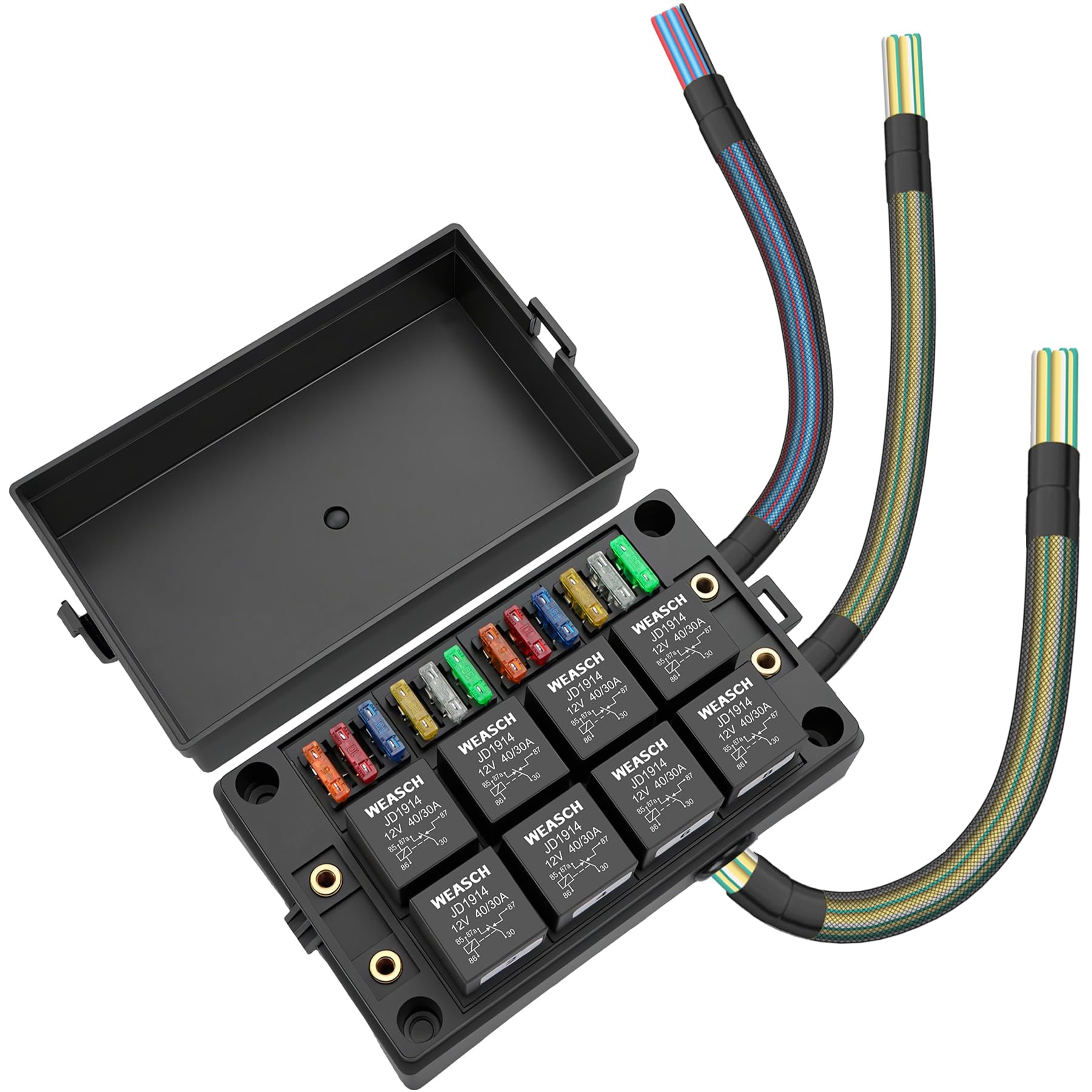 12V 40A 12-fach vorverdrahteter Sicherungs- und Relaiskasten, 8 Relais und 12 ATC/ATO-Flachsicherungen, für PKW, LKW, Boot und Jeep