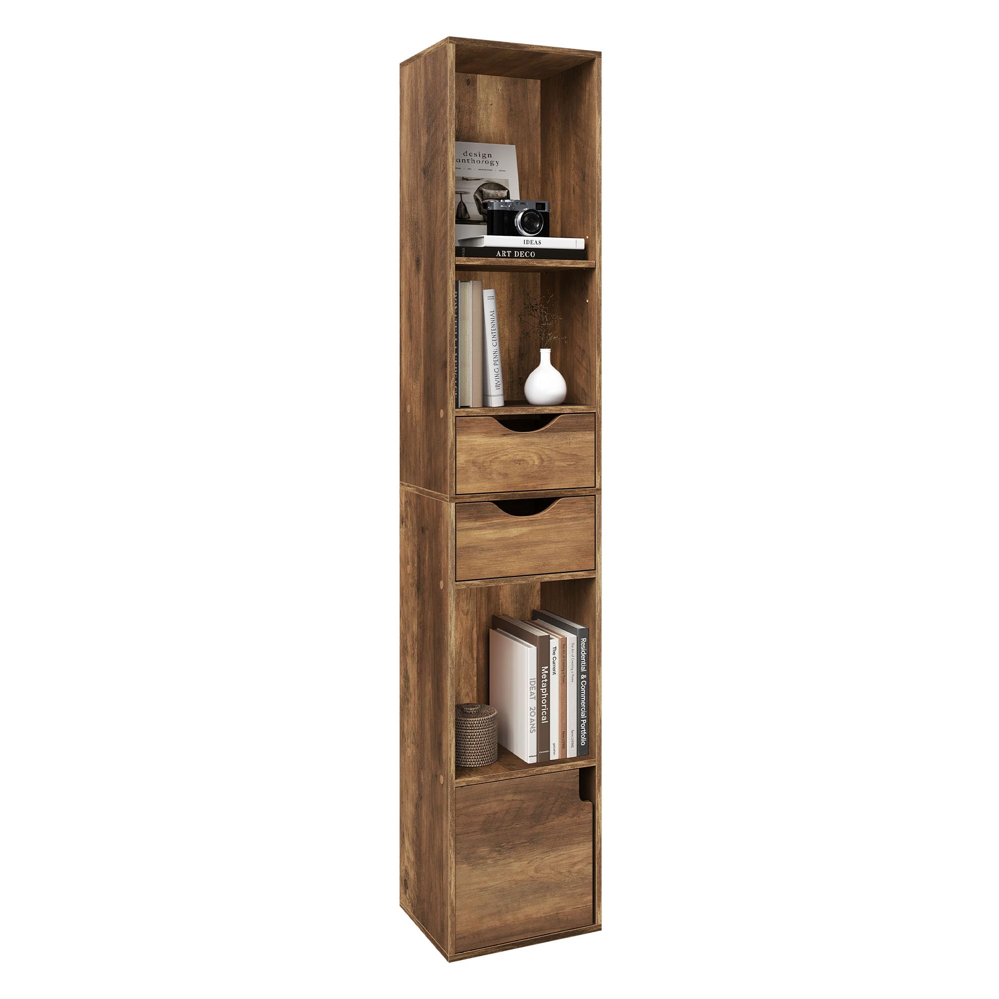 WOLTU Estantería para Libros, Librería Vertical con 3 Compartimentos Abiertos, 2 Cajones y 1 Armario, Libreria de Almacenaje para Oficina, Salón, Dormitorio, Cocina, Madera marrón, 30x24x158cm