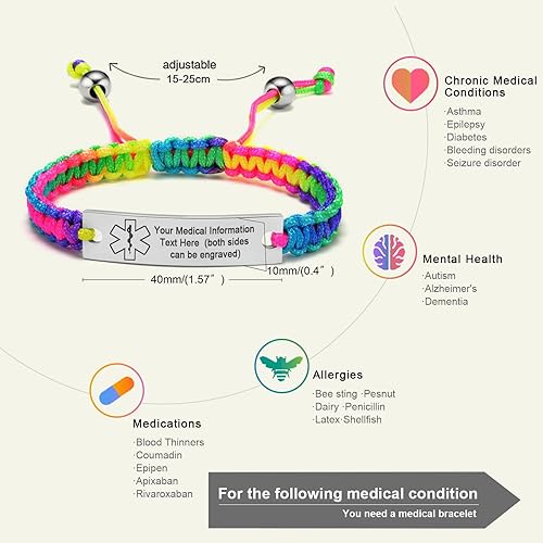 Miniatura 4 de MEALGUET Pulsera de identificación médica para hombres y mujeres, grabado gratuito, hecha a mano, cuerda trenzada ajustable, pulsera de