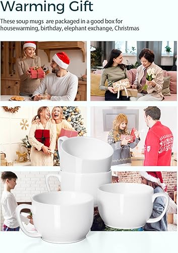 Miniatura 5 de Teocera Juego de 4 tazones de sopa blancos de 24 onzas con asas y tazas jumbo de 16 onzas