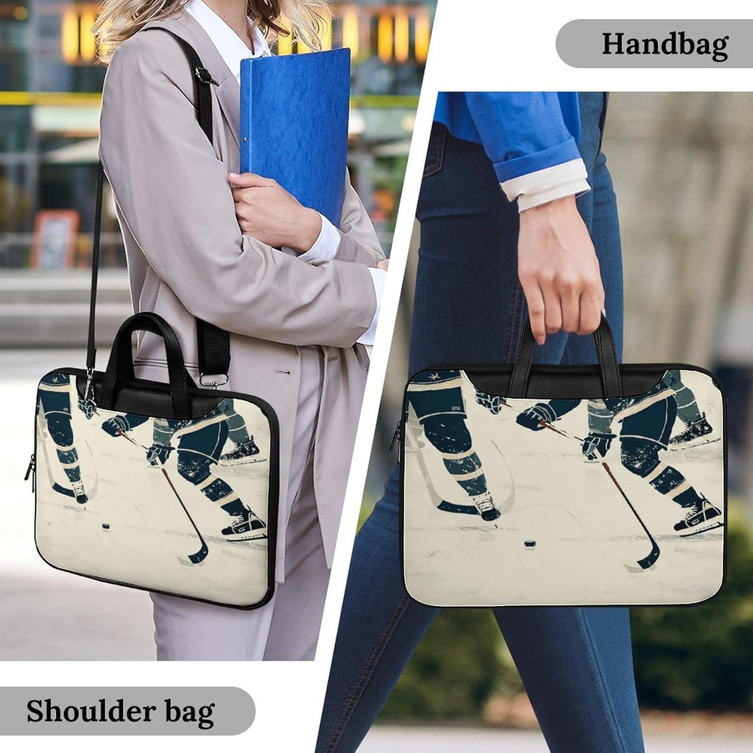 Ice Hockey Pattern 37x28cm Black-style Laptop Bag Leather Tablet Computer Briefcase Large Capacity Work Business Tote Bags for Office
