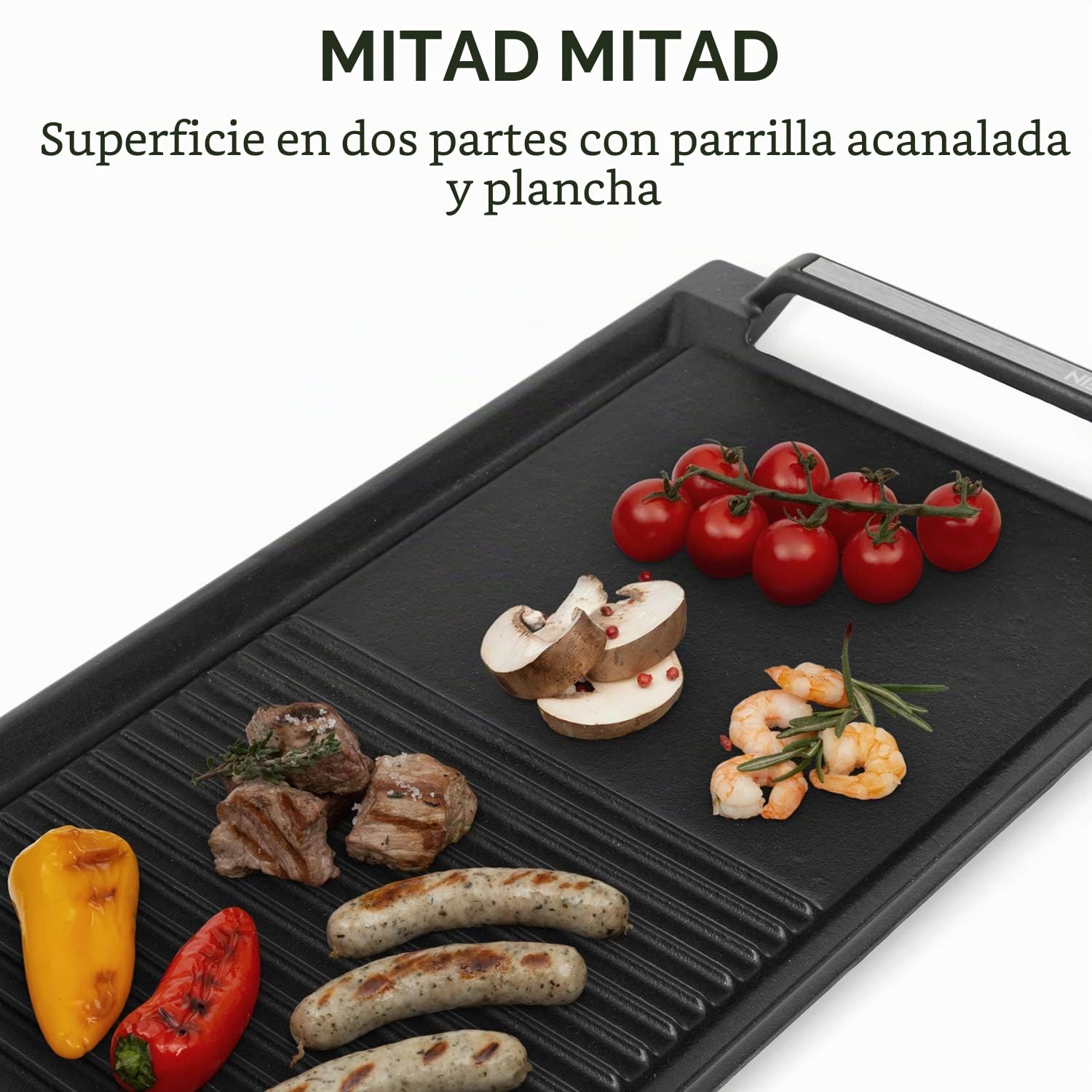 Klarstein Delicatessa Grill Pan - Placa de parrilla, Accesorio para placas de inducción, 43,5 x 23 cm, Mitad grill, Mitad plancha, Asas cool-touch, Hierro, Capa antiadherente, Negro