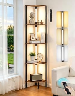 LED Floor Lamp with Shelves, Touch & Remote Control, Dimmable Display Shelf with 3 Color Temperature, 1-Hour Timer, Modern Corner Bookshelf for Living Room, Bedroom, Office(Rustic Brown)