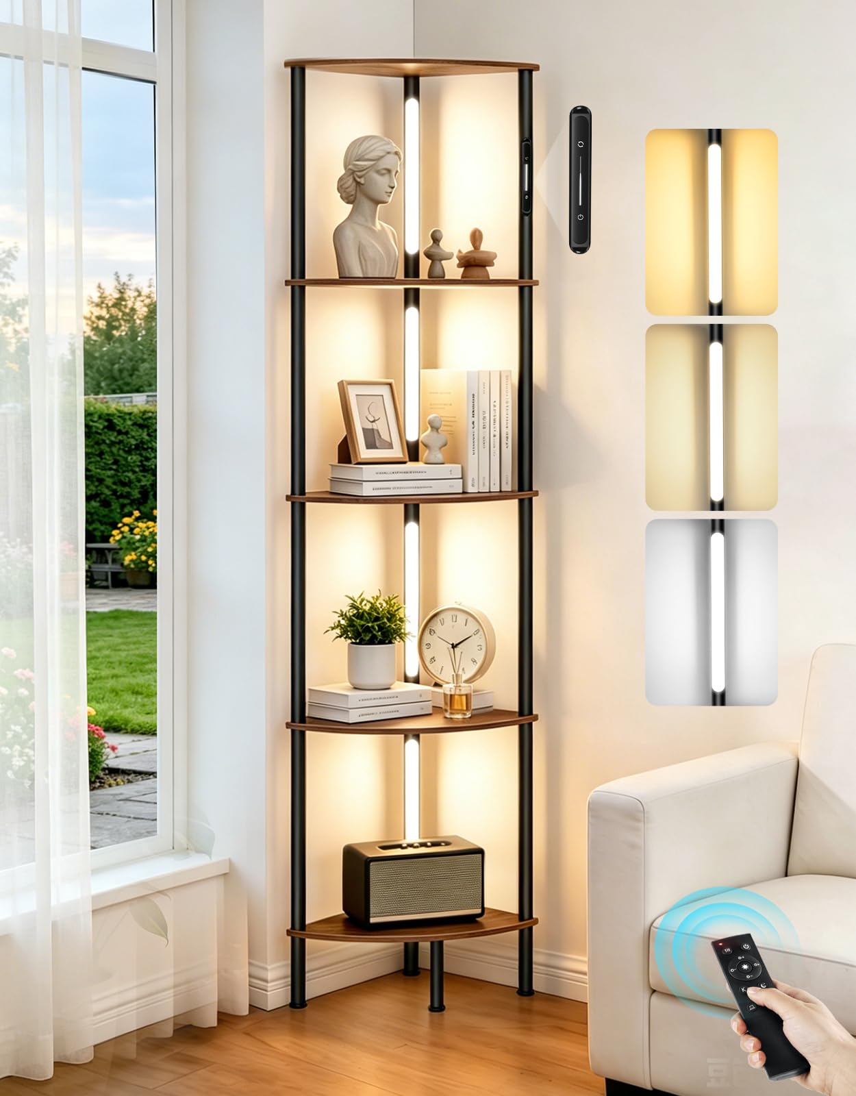 OUTONLIFE LED Floor Lamp with Shelves, Touch & Remote Control, Dimmable Display Shelf with 3 Color Temperature, 1-Hour Timer, Modern Corner Bookshelf for Living Room, Bedroom, Office(Rustic Brown)
