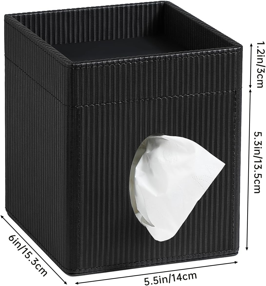 Square Tissue Box Cover with Tray, PU Leather Tissue Box Holder Decorative Cube Tissue Holder for Bathroom Bedroom Office (Black)