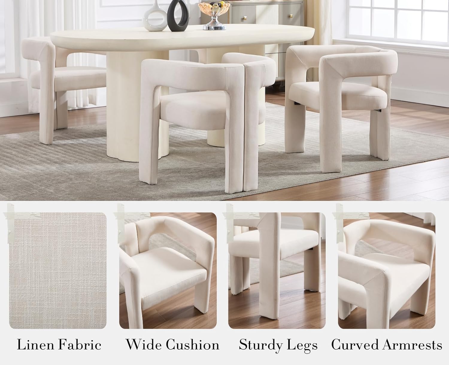 EALSON Modern Barrel Dining Chairs Set of 2 Linen Upholstered Fabric Kitchen Chairs with Open Back and Arms Comfortable Accent Chairs Side Chairs for Dining Room/Living Room, Beige