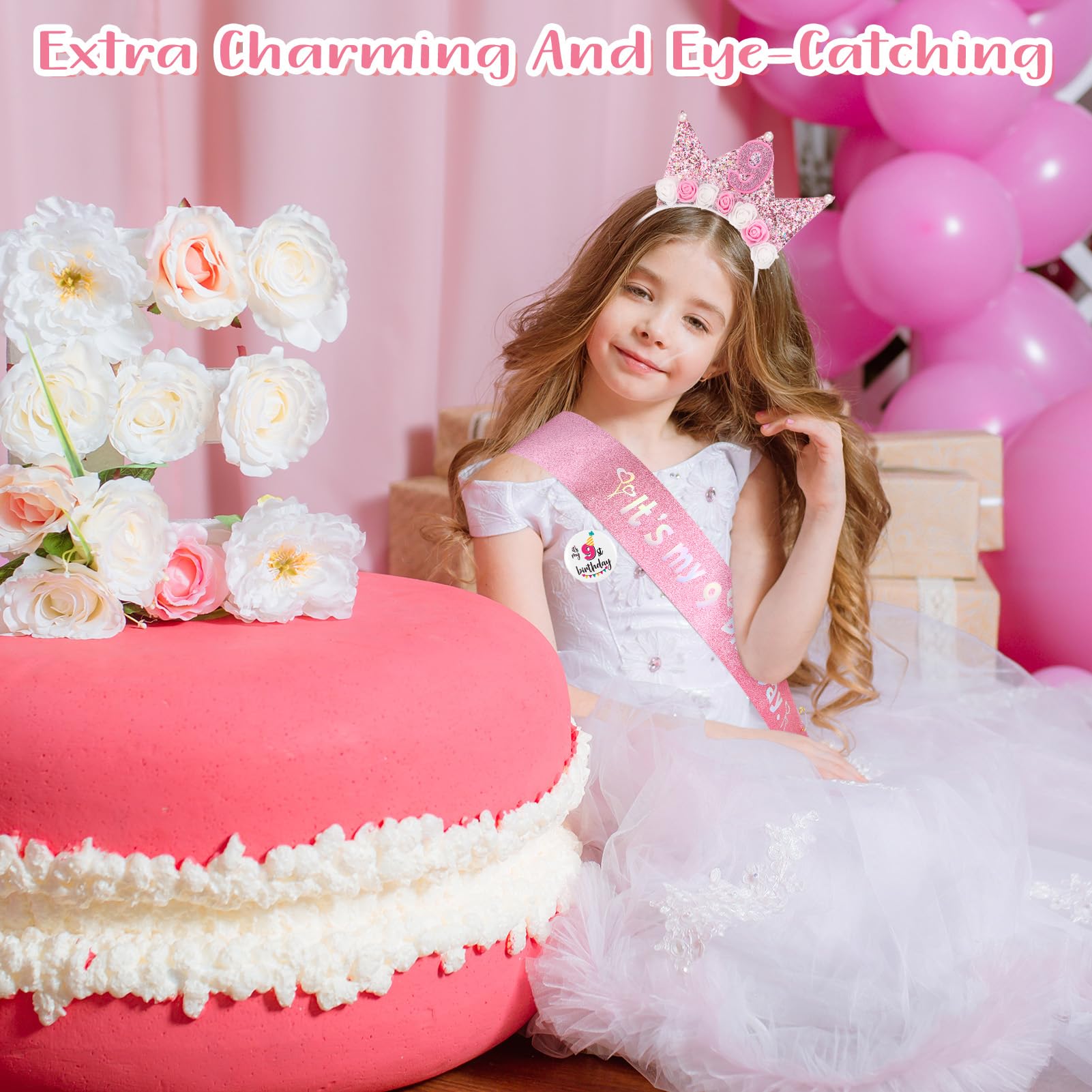 GSrenyu 9th Birthday Decorations for Girls,Headband Glitter Sash and Badge Set for 9 Year Old Girls Birthday Decorations,Flower Princess Crown Headband - Image 3