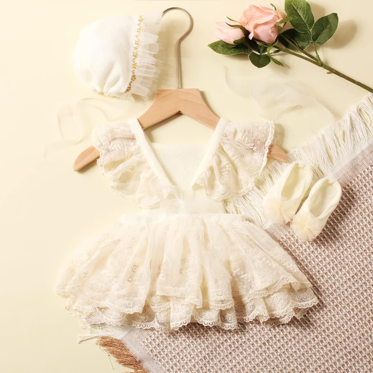 Ylsteed Newborn Photography Props - Lace Romper with Headband, Infant Photo Shoot Outfit for Girls - Dress, Hat, and Shoes Included - Image 2