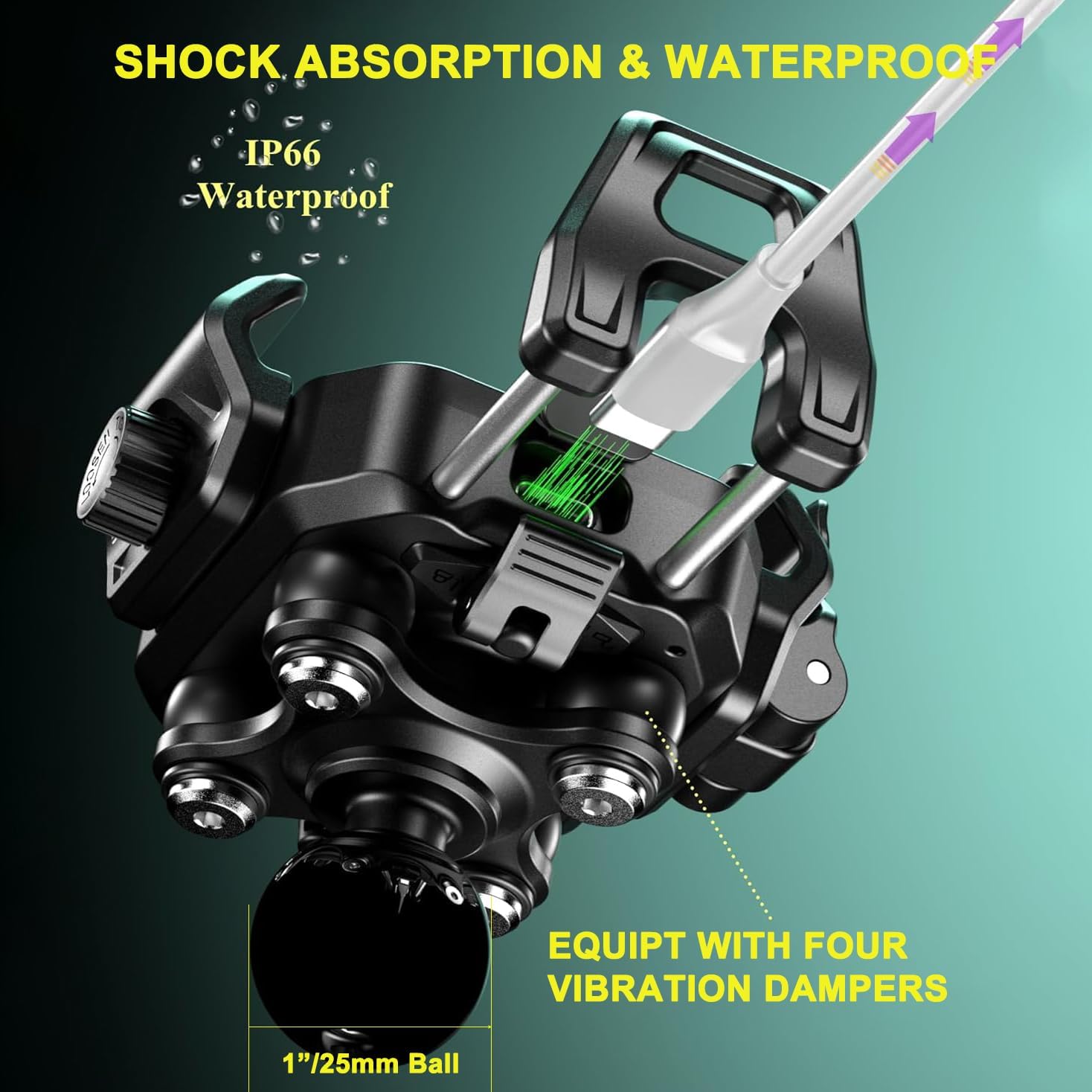 iMESTOU Motorcycle Phone Mount with Wireless Charger 15W & USB-C Port 36W, Shock Absorption 1" Ball Mount Fits for 5.4"-7.2" Phones Up to 15mm Thick, Works with 12-24V Vehicles (without mounting base)