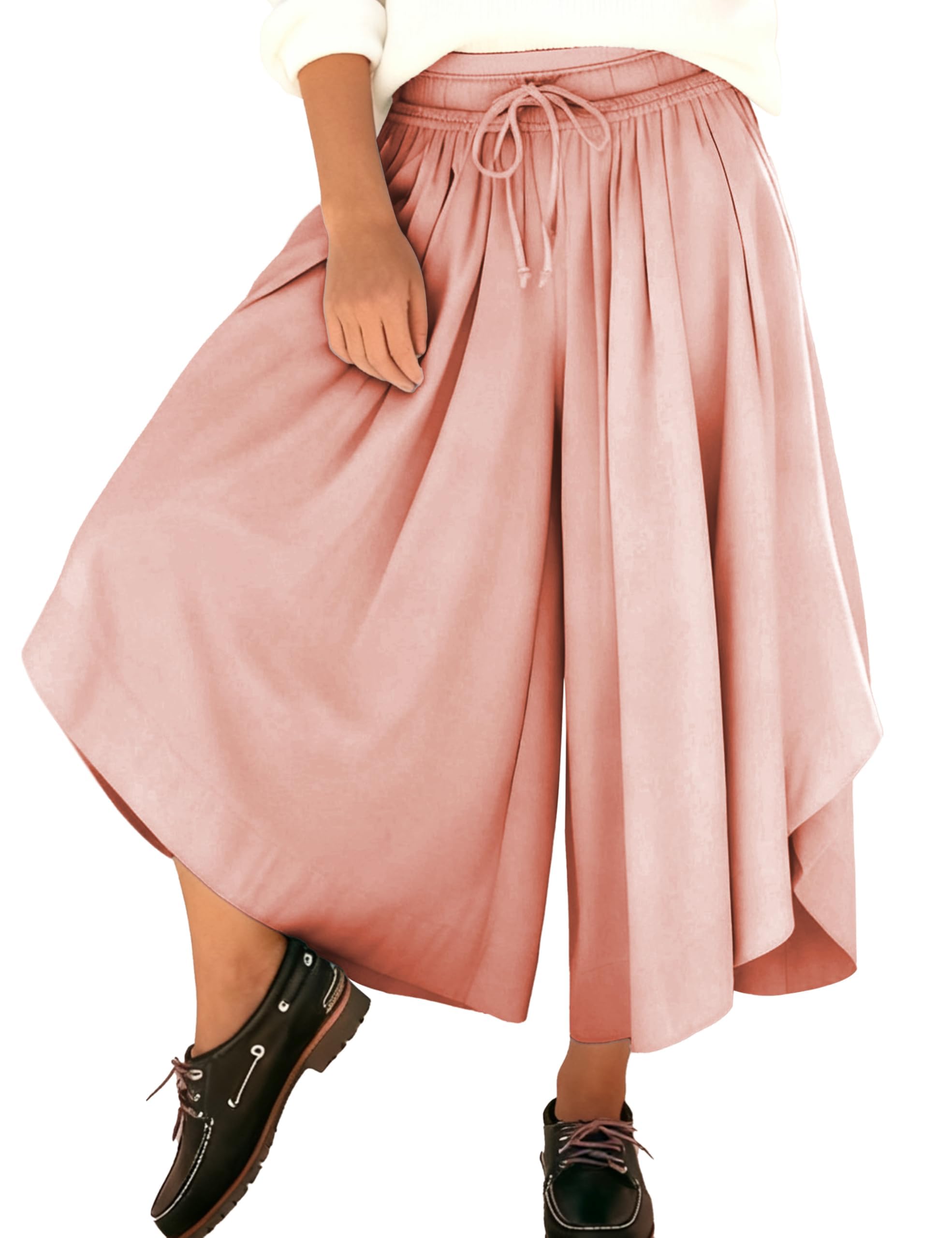 LTSCNRM Womens Palazzo Pants High Waisted Wide Leg Trousers Side Slits Pockets Flowy Summer Culottes