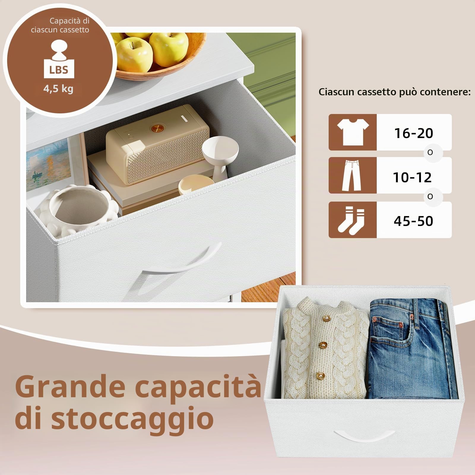 Somdot Cassettiera Camera da Letto in Tessuto, Mobiletto Salvaspazio, Settimino per Soggiorno, Studio, Cameretta, Ingresso, 30P x 42l x 115H (6 Cassetti), Bianco