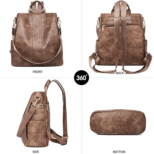 Miniatura 5 de FOXLOVER Mochilas de cuero sintético para mujer, mochila de moda convertible para viaje, bolsos multiusos para mujer, Marrón B, Vintage