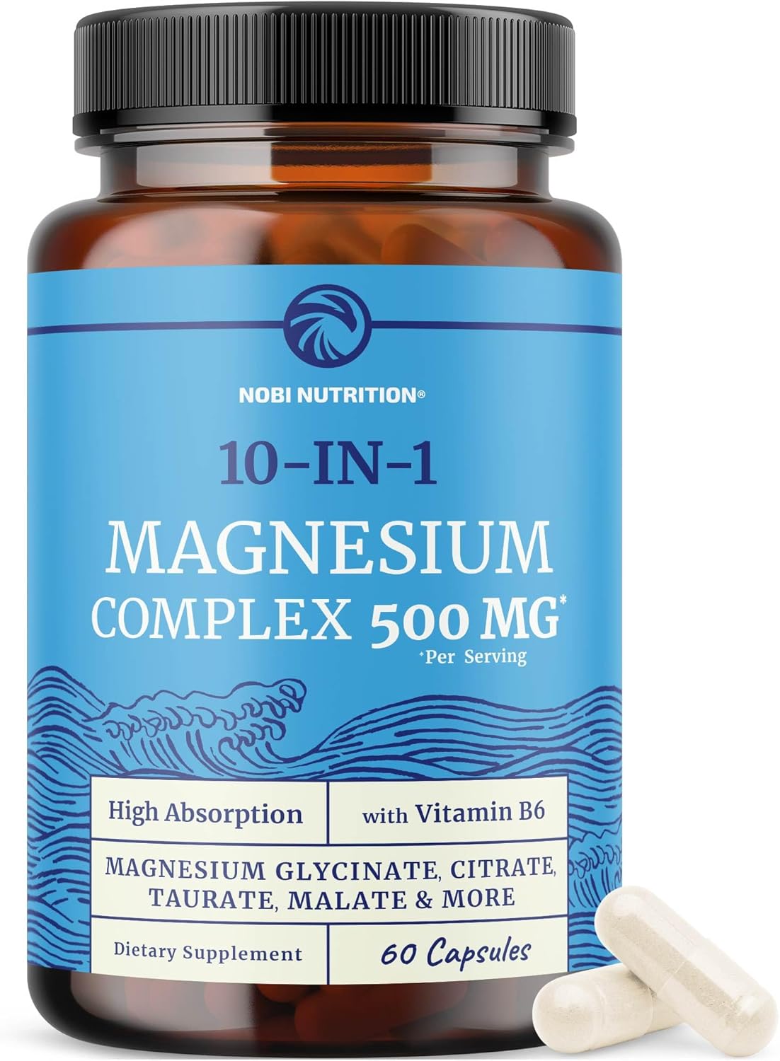 10 in 1 Magnesium Complex Supplement 500MG | Magnesium Citrate, Mag Glycinate, Malate & More | High Absorption Mag Complex with Vitamin B6 | Bone, Muscle & Heart Health Support | Non-GMO | 60 Ct.
