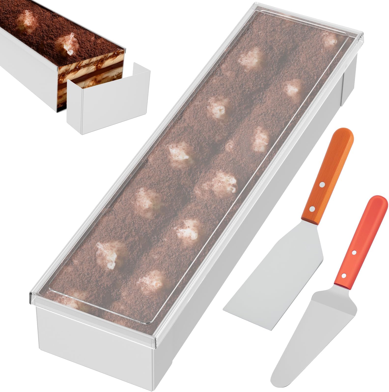 Rectangular Tiramisu Cake Pan Stainless Steel Mousse Cake Mould Large 40x10cm Cheesecake Pan with Lid and 2 Spatula Removable Frame Baking Mould Tray for Tiramisu Cheesecake Mousse Dessert