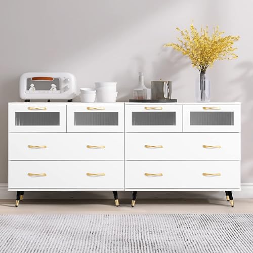 Miniatura 8 de YIGOBUY Cómoda blanca cómoda moderna para dormitorio cómoda doble de 4 cajones con cajón ancho y asas de metal cómodas de madera y cajones para