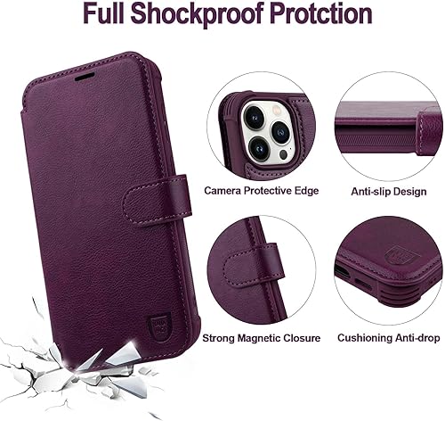 Miniatura 10 de VANAVAGY Funda tipo cartera para iPhone 13 Pro 5G para mujeres y hombres, funda de piel con bloqueo RFID y soporte para muñecas, carga inalámbrica,