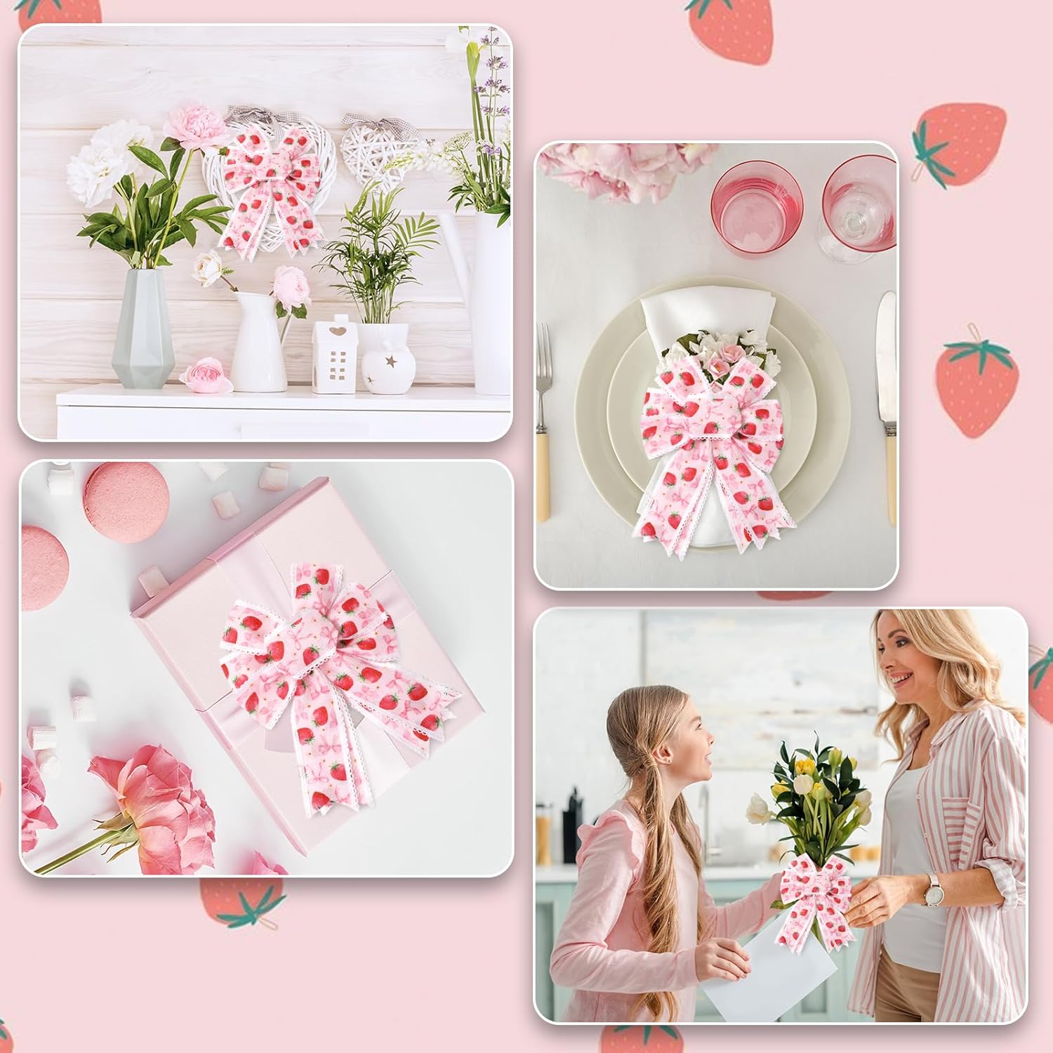 JarThenaAMCS Strawberry Bow Lace Wired Edge Ribbon Cute Summer Fruit Pink Red Coquette Craft Fabric Ribbon for Spring Wreath Bow DIY Wrapping Baby Shower Party Diaper Cake Decor, 12 Yard - Image 7