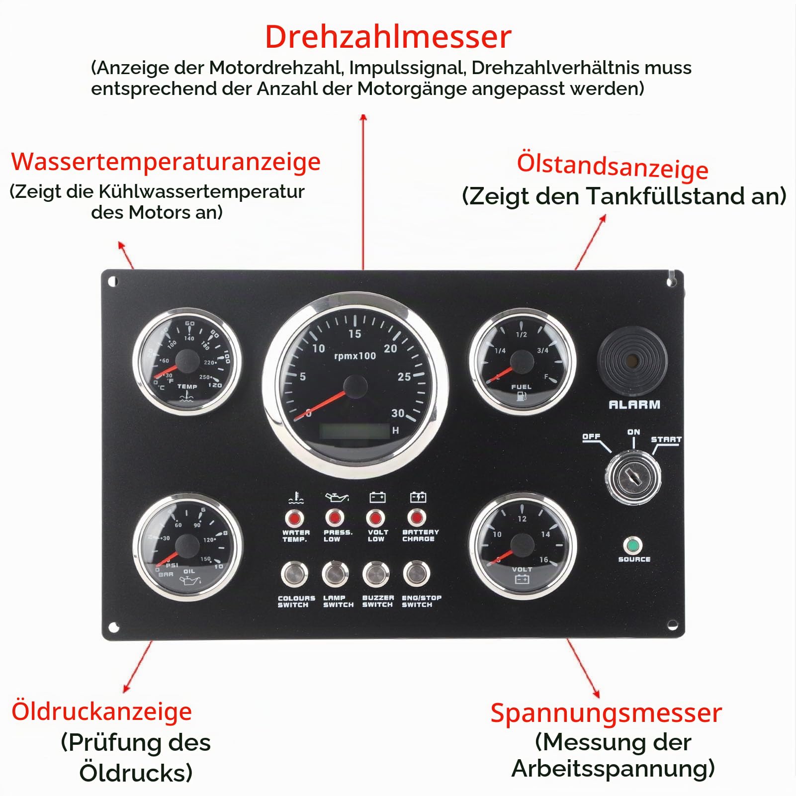 Bootsmessgerät-Set, Instrumententafel, 12 V, Spannungsanzeige, Drehzahlmesser, Wassertemperaturanzeige, Öldruckanzeige, Ölstandsanzeige Für Marineboote