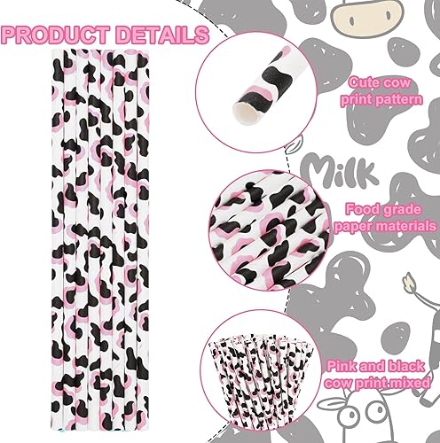 Miniatura 3 de Whaline 200 popotes con estampado de vaca, color negro y rosa, pajitas de papel desechables para fiesta de vaquera, para boda, baby shower,
