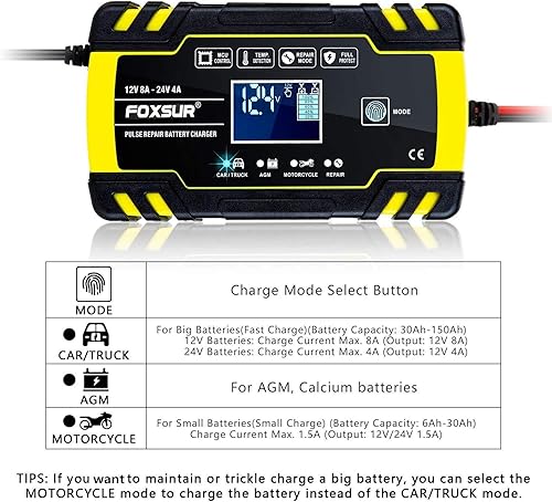 Miniatura 2 de Cargador de batería de coche FOXSUR, 12 V24 V 8 Amp Cargador de batería automático inteligente que proporciona carga de 3 etapas, con pantalla LCD y