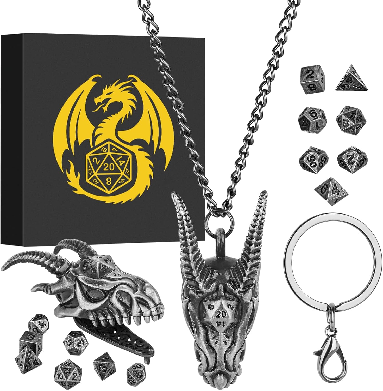Mini DND Dice Set with Dragon Head Metal Cage Portable Keychain Necklace, Tiny 7pcs Polyhedral D&D Dice Set, DND Gifts with Gift Box, D&D Accessories for RPG, Dark Silver