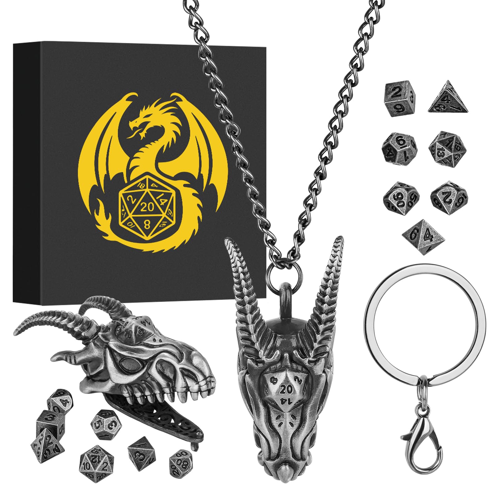 Keller & Weber Mini DND Dice Set with Dragon Head Metal Cage Portable Keychain Necklace, Tiny 7pcs Polyhedral D&D Dice Set, DND Gifts with Gift Box, D&D Accessories for RPG, Dark Silver - Dark Silver