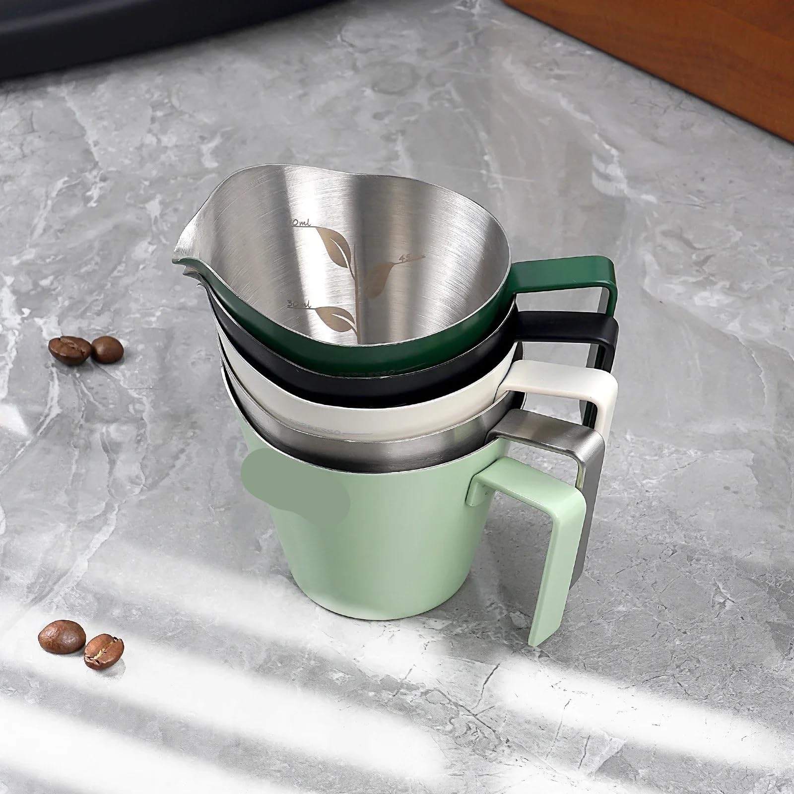 Taza Para Espumar Leche Taza medidora de café expreso 2 uds, taza acero inoxidable, tazas salsa con mango for postres carne y Para Café Capuchino(Beige)