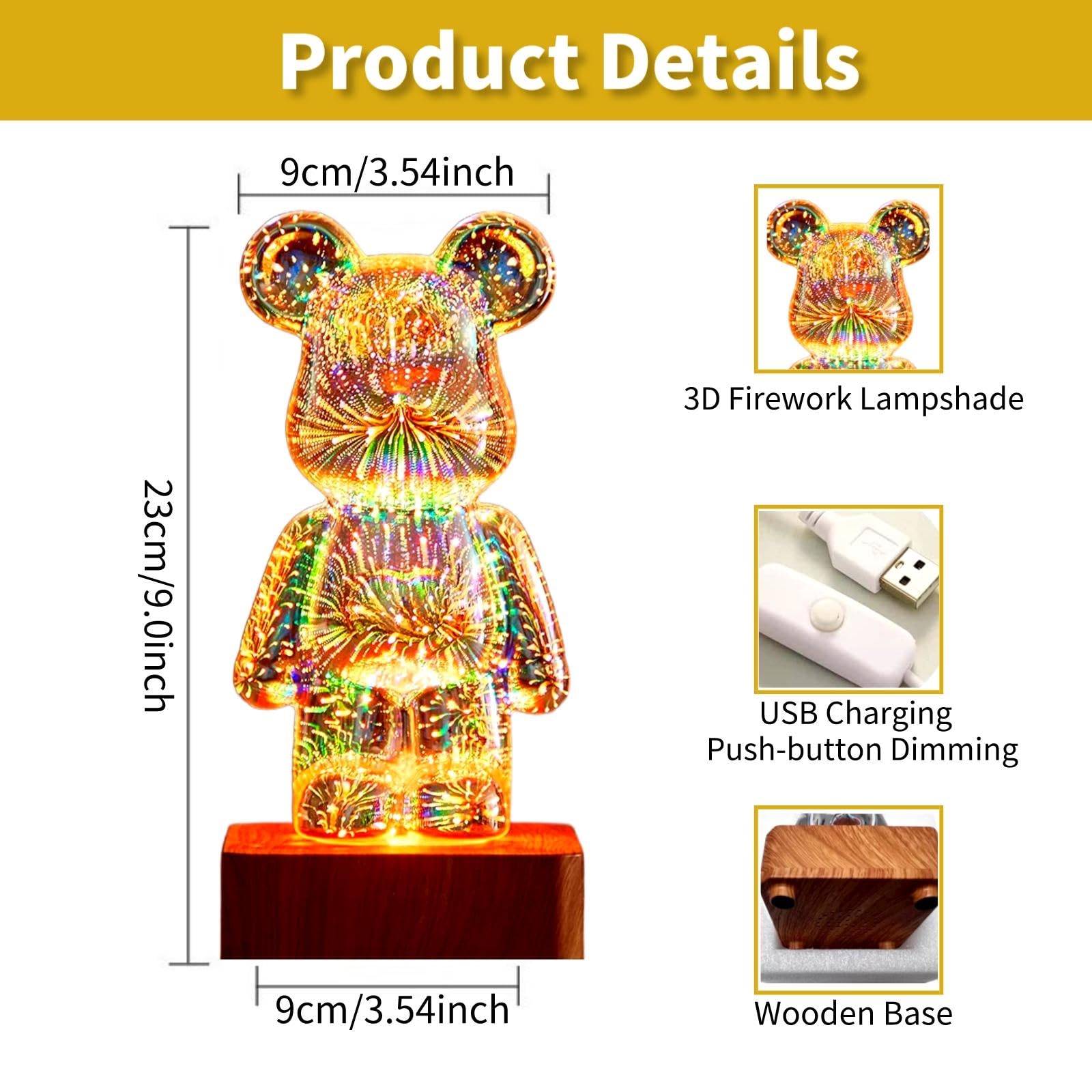 Twinkle Bear - Luz LED de fuegos artificiales - Luz nocturna 3D que cambia de color, bonita lámpara de proyección decorativa de mesa para habitación de niños, hogar, oficina, guardería (grande