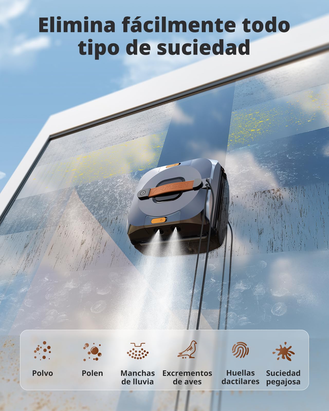AIRMSEN YW733 Robot limpiacristales, planificación automática, 4 modos de limpieza, 4 boquillas pulverizadoras, depósito grande de 110 ml, 6000 Pa, para ventanas, vidrio de ducha & espejos
