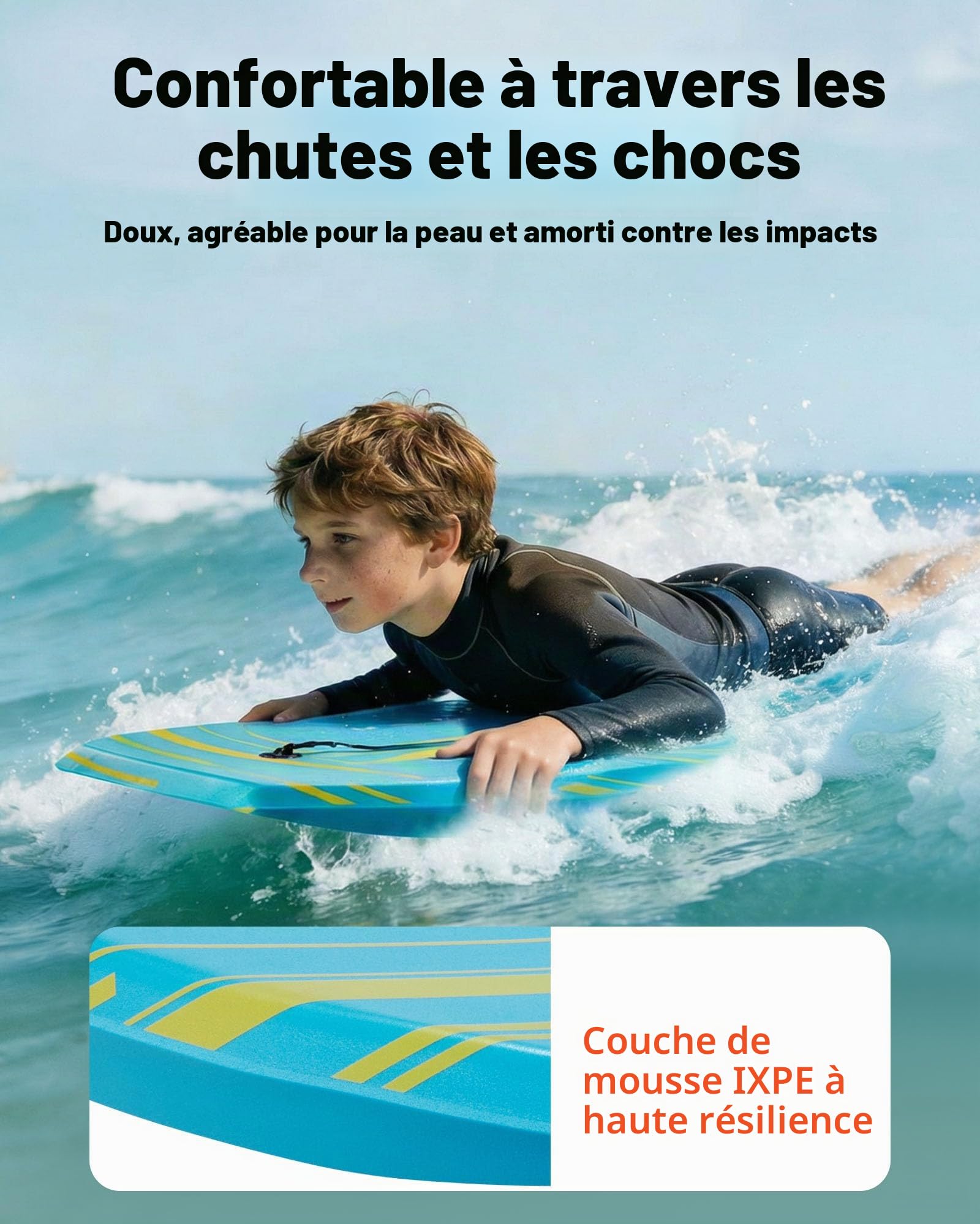 VEVOR Planche de Bodyboard 105,5 cm, Bodyboard de Plage avec Noyau en Mousse EPS et Leash de Poignet, Matériel de Surf Sport Nautique pour Débutants et Jeunes jusqu'à 81,7 kg, Planche de Boogie Bleue