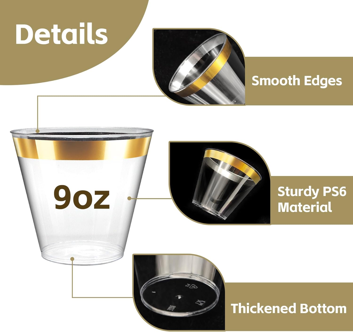 [200 Pack] 9oz Clear Plastic Cups with Gold Rimmed Sturdy & Food Safe Disposable Wine Glasses Party Wedding Cups Disposable Drinking Cups Plastic Cocktail Glasses for Wine, Juice & Cold Beverages - Image 5