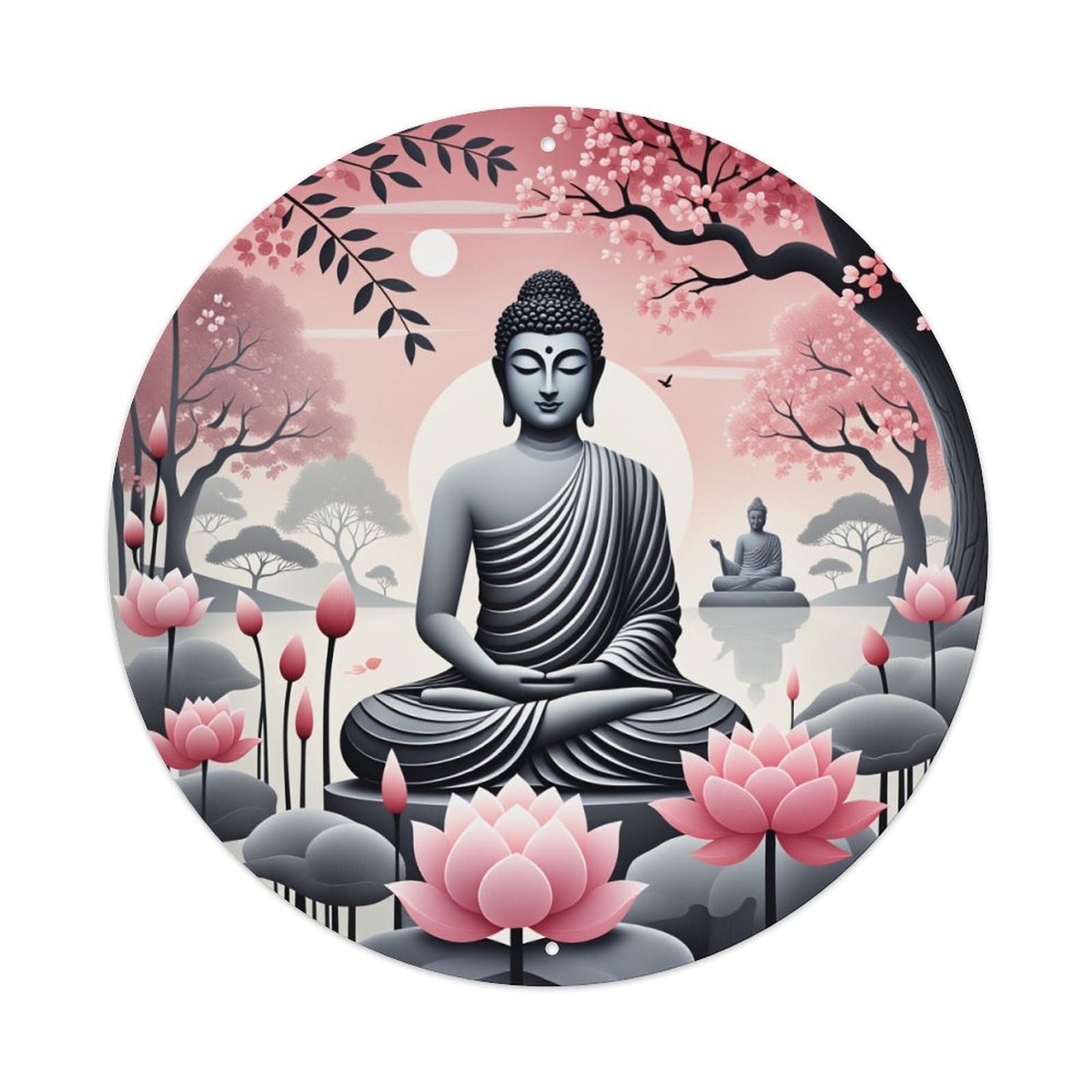 Buddha Lotus Cherry Blossom Serenity Peaceful Round Vintage Tin Sign,Retro Wall Art,Metal Poster for Home, Bar, Garage, Cafe, Rustic Indoor & Outdoor Decor, 8x8 Inches